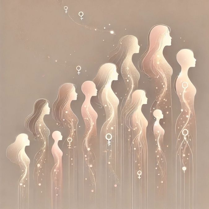illustration symbolique d’une lignée de silhouettes féminines reliées entre elles, représentant la transmission transgénérationnelle et le caractère universel des mémoires familiales