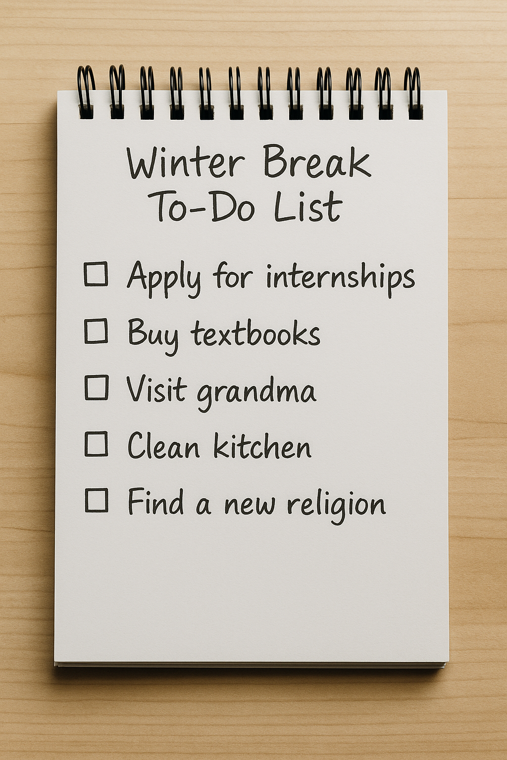 Winter Break To-Do List with "Find a new religion" after "Apply for internships," "Buy textbooks," "Visit grandma," and "Clean kitchen"