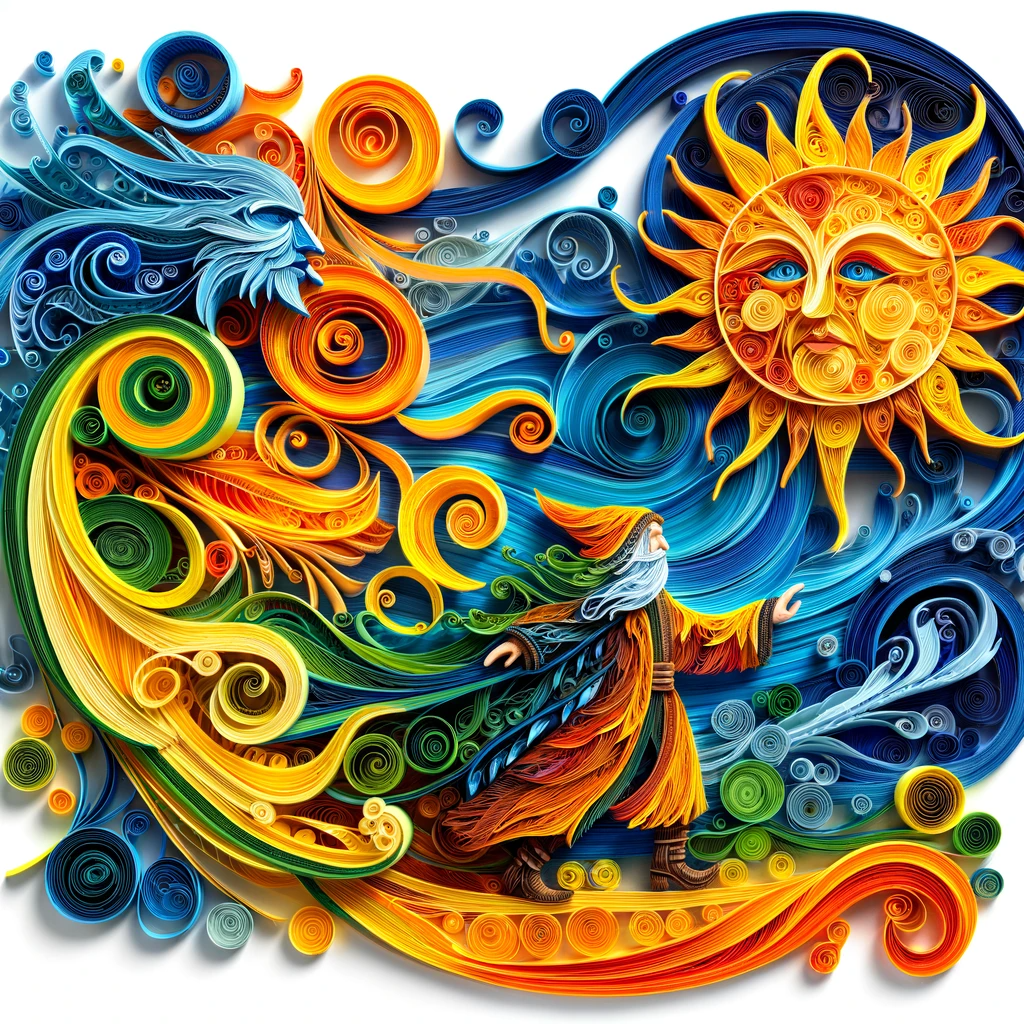 Man in cloak with sun beating down and wind swirling round. Image in the style of paper quilling.
