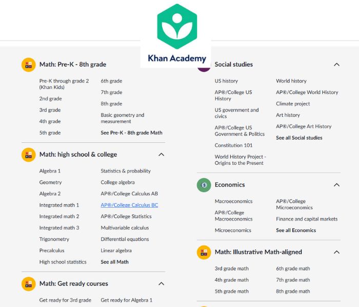 A screenshot of the courses available through Khan Academy for online unschooling through adanced topics.