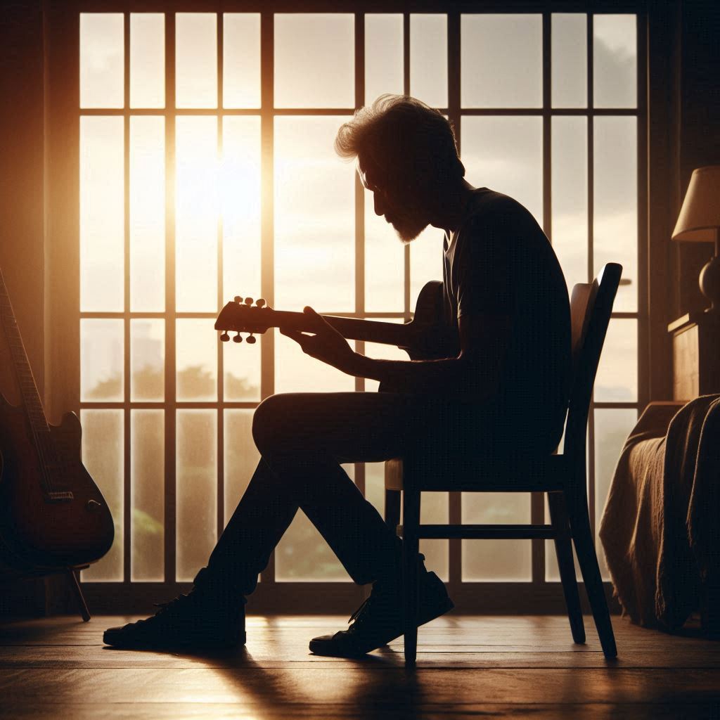 enjoying playing the guitar