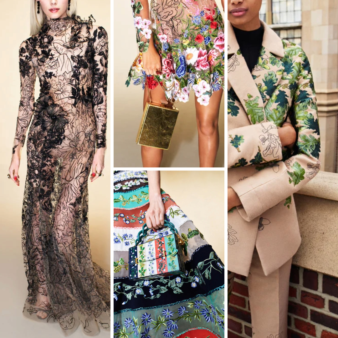 Visual collage of Oscar de la Renta Fall 2023 featuring sheer bases, tambour fills, appliqué, and botanical motifs.