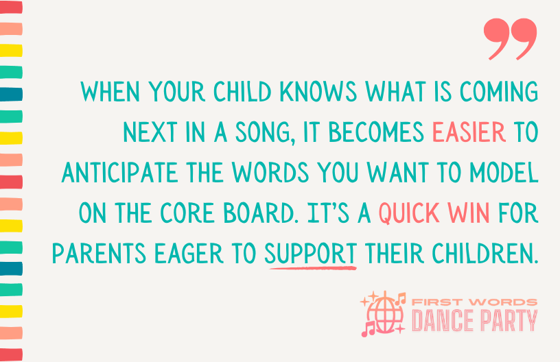 A quote about how using music to model words on a core board is a quick win for parents.