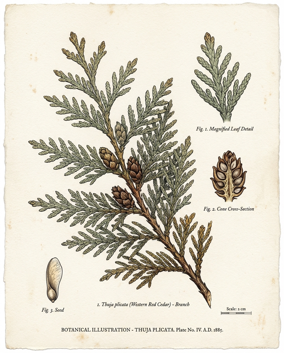 A vintage botanical illustration of Western Red Cedar (Thuja plicata) on aged, cream-colored paper. The central drawing shows a detailed cedar branch with flat, scale-like green foliage and several brown, woody cones. Smaller inset illustrations highlight a magnified leaf cluster, a cone cross-section revealing paired seeds, and a single seed shown separately. Fine, antique-style labeling identifies each figure, with a scale bar noting 3 cm. The artwork resembles an 1880s scientific plate with delicate linework and soft hand-tinted shading.