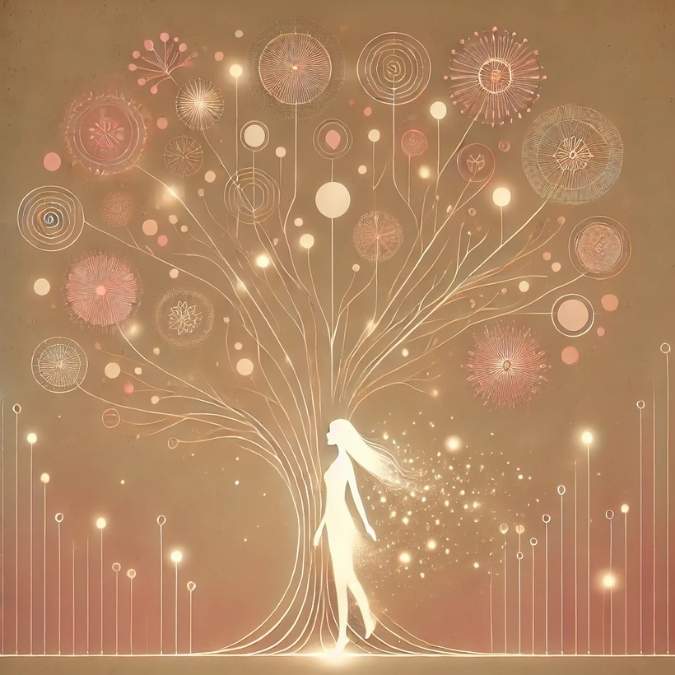 illustration d’un arbre généalogique lumineux relié à une silhouette féminine, symbolisant la psychogénéalogie comme méthode d’analyse et de libération des mémoires familiales