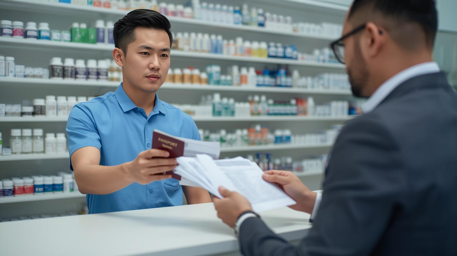 Pharmacy staff verifying identity documents for DBS application