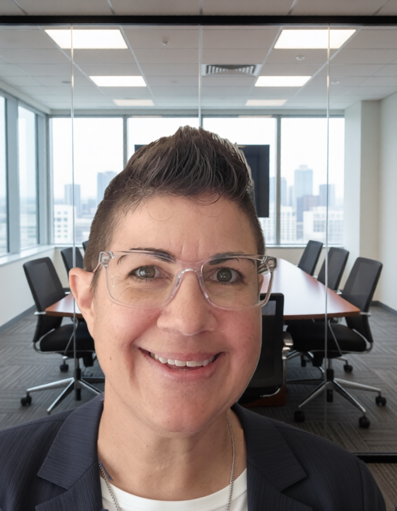 A photo of Chrissy smiling with a meeting room in the background