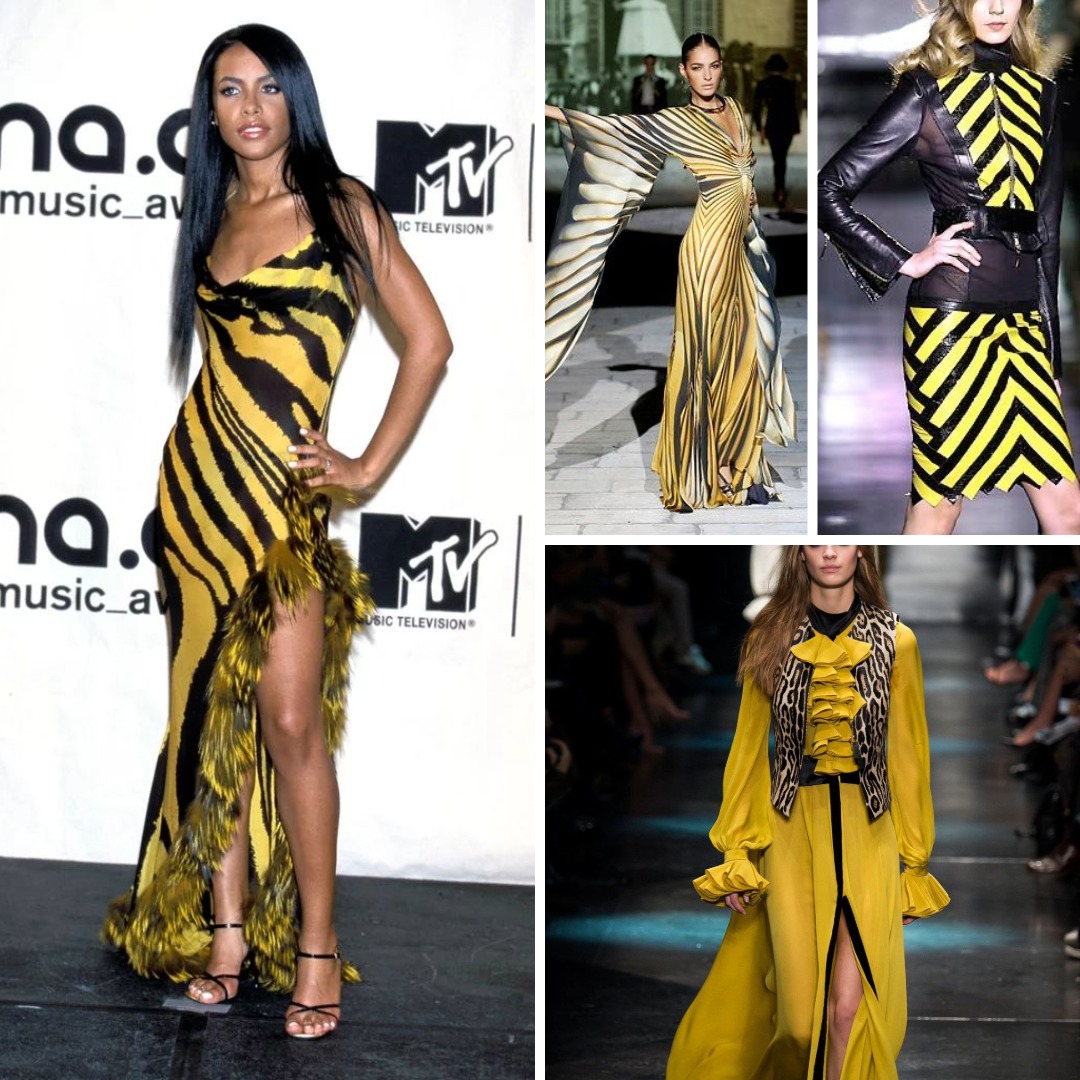 A collage showing historical and modern black-and-yellow looks: Aaliyah’s well-known Cavalli gown, a flowing yellow-and-black patterned dress, a chevron black-and-yellow ensemble, and a yellow dress styled with a leopard vest. The images illustrate how designers revisit this high-contrast palette across decades.