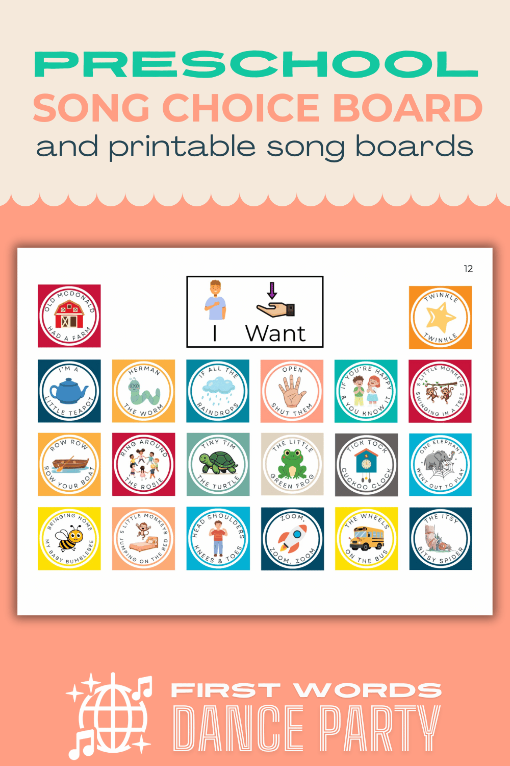 A preschool song choice board that can be used in speech therapy, early childhood special education, or an early childhood preschool class.