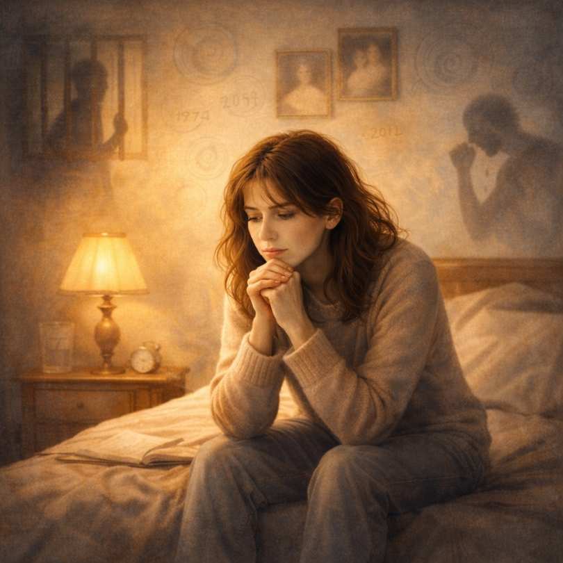 Jeune femme assise sur un lit, plongée dans ses pensées, entourée d’ombres floues, de dates et de spirales symbolisant les signes silencieux des secrets de famille et les schémas transgénérationnels répétitifs.