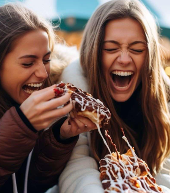 women laughing together while eating a sweet treat that is falling apart