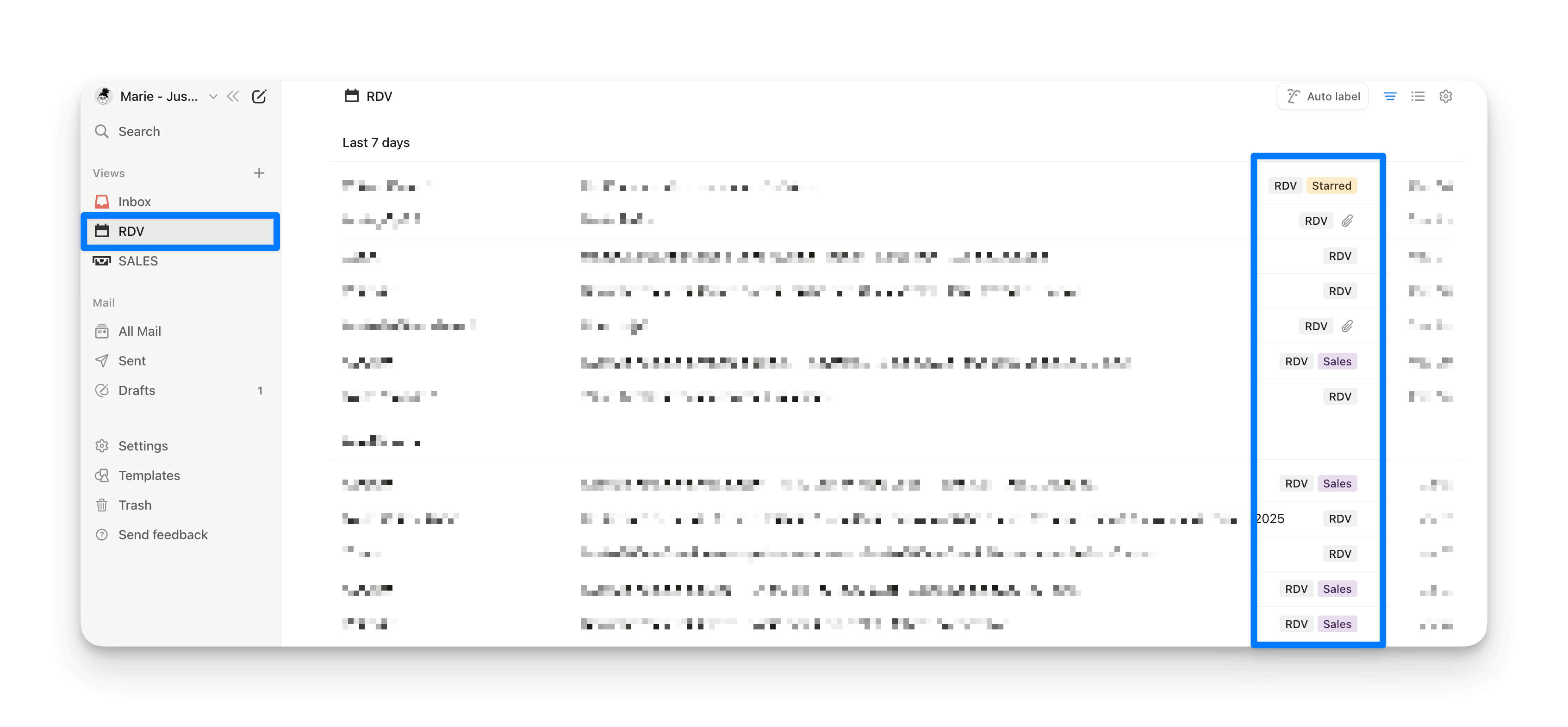 Une vue basée sur des étiquettes dans Notion Mail