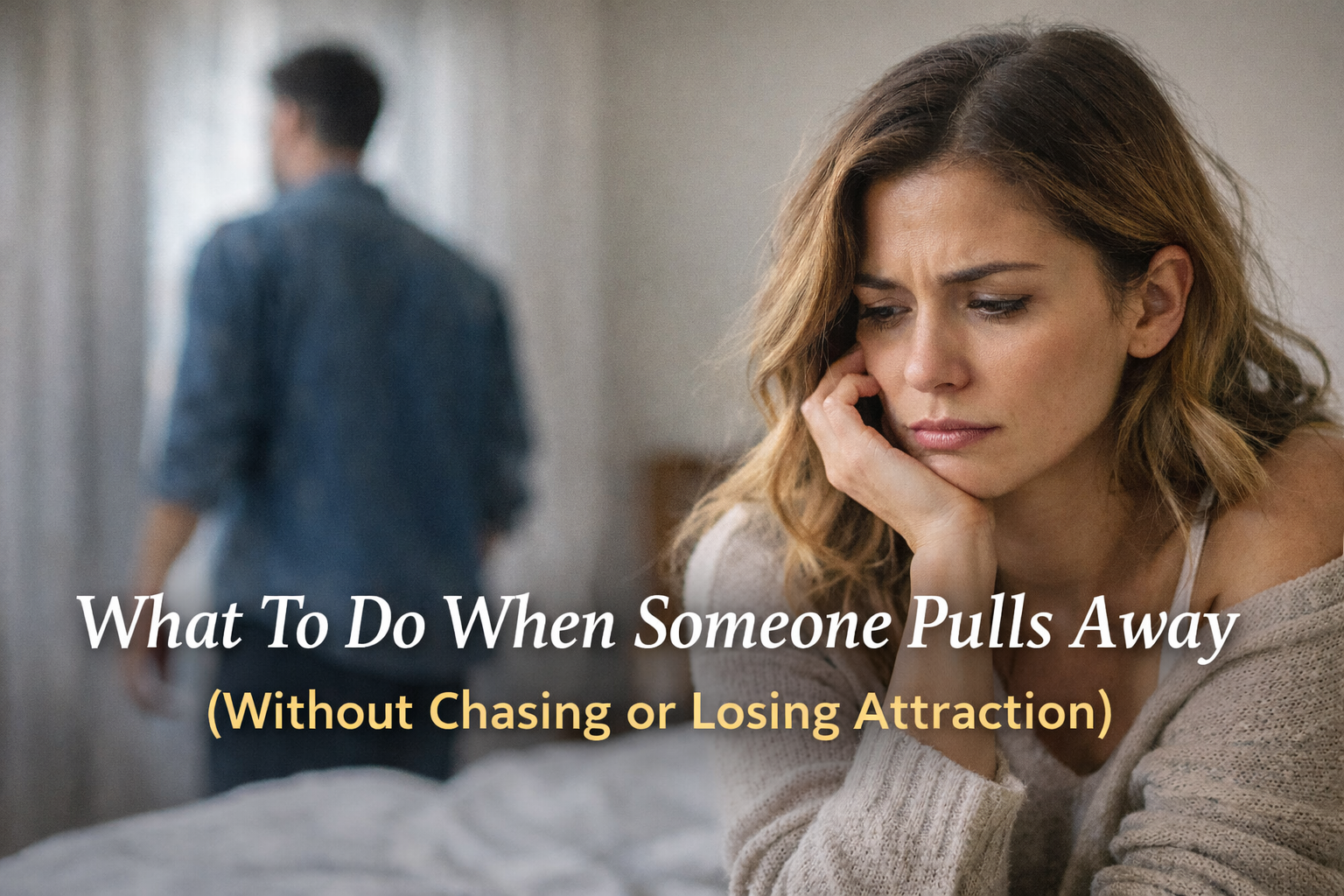 Woman looking thoughtful while a man walks away in the background, representing how to respond when someone pulls away emotionally in dating.