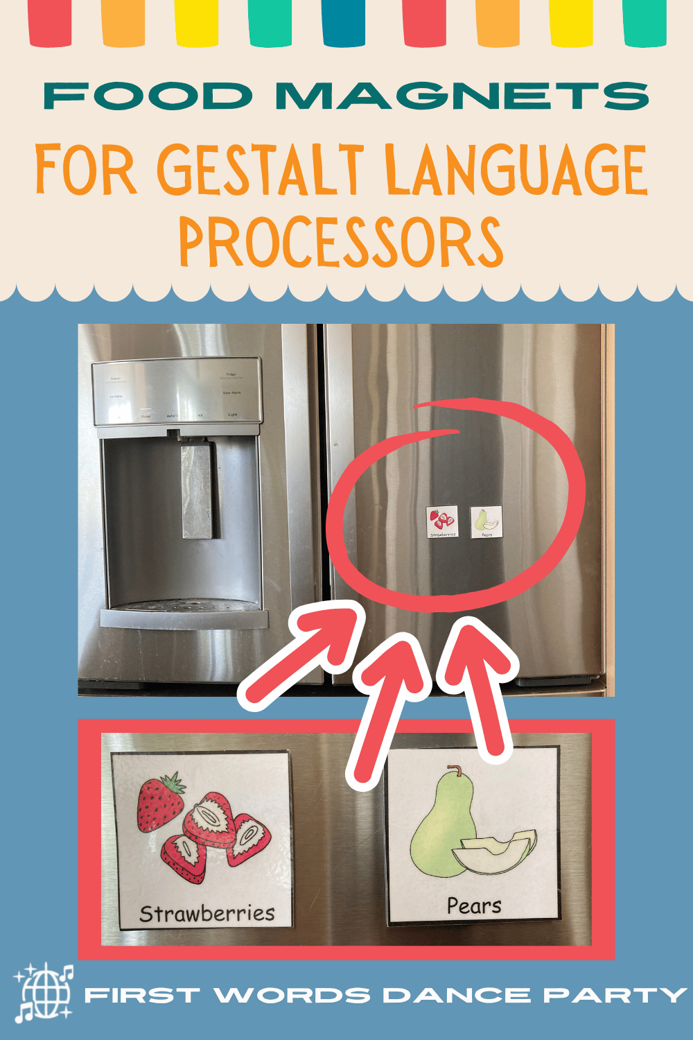 Two magnets of strawberries and pears pictured on a fridge for a gestalt language processor..