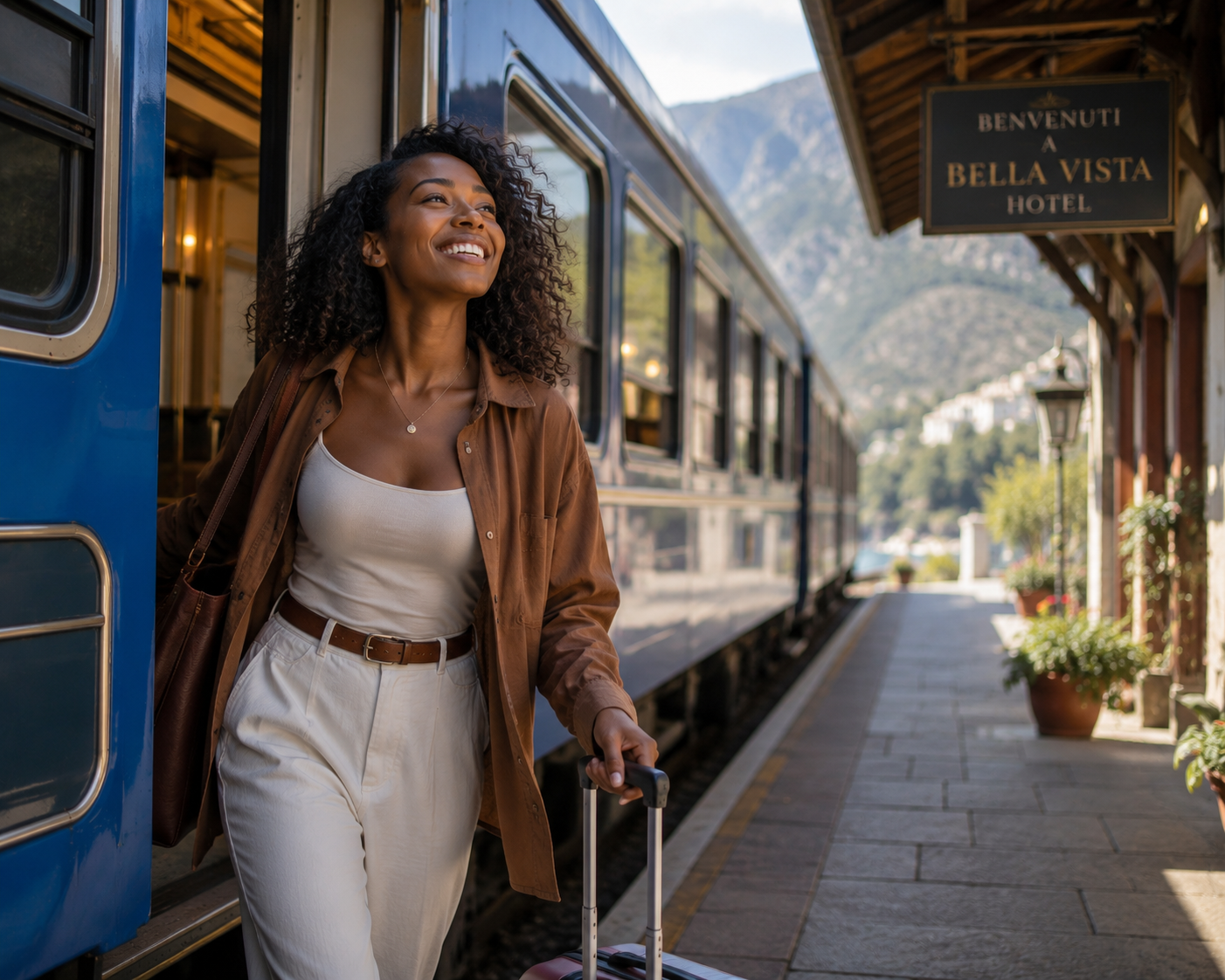 Excited traveler arriving at a curated international destination, ready to enjoy a stress-free trip