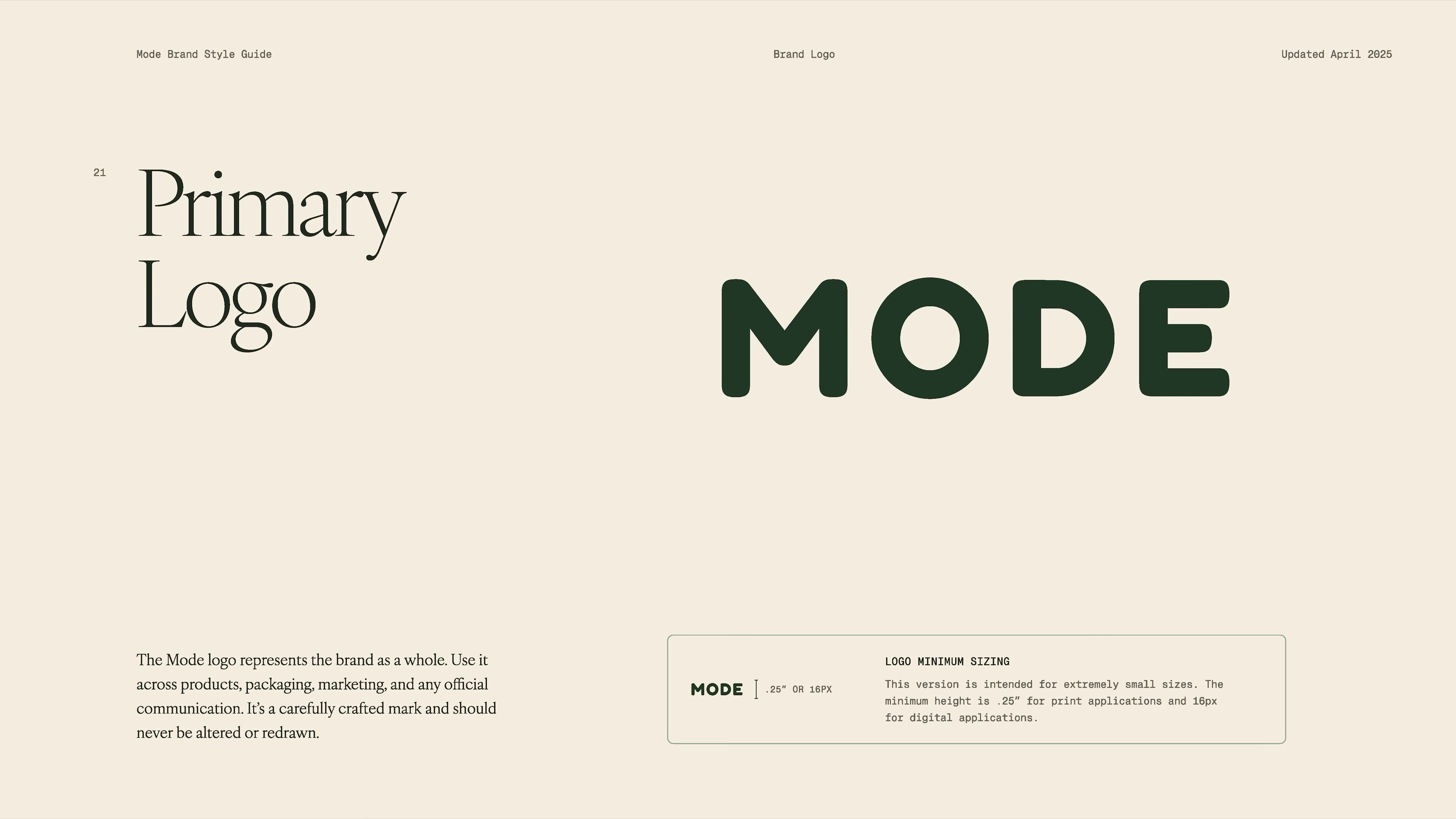 Page from Mode’s updated brand guidelines showing the primary logo in dark green on a light background, with supporting text detailing proper usage, logo sizing, and consistent application across digital and physical touchpoints. The video showcases how the team refines every element of Mode’s visual identity as part of the brand refresh process.