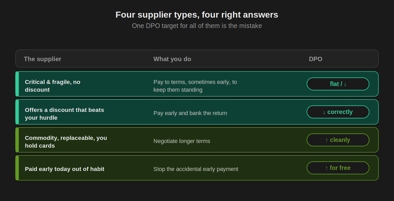 A four-row table mapping supplier type to the right action and the direction DPO moves: fragile and discount-bearing suppliers paid early with DPO falling, commodity and habitually early-paid suppliers with DPO rising.