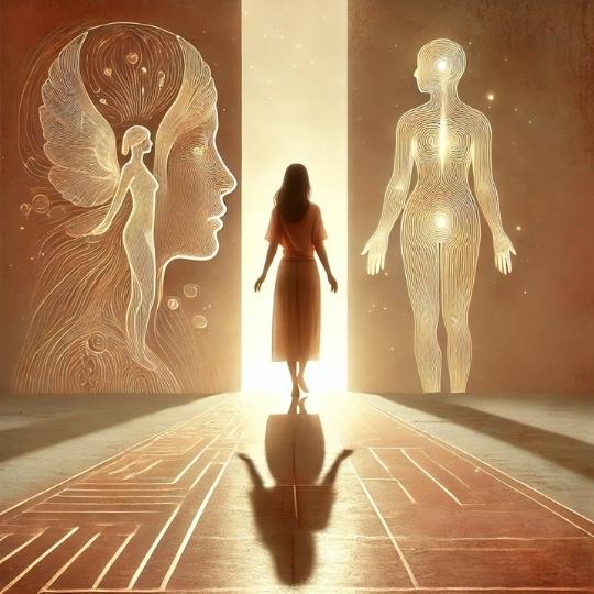 Femme debout devant un passage lumineux, entourée de figures symboliques évoquant la mémoire et l’héritage familial.