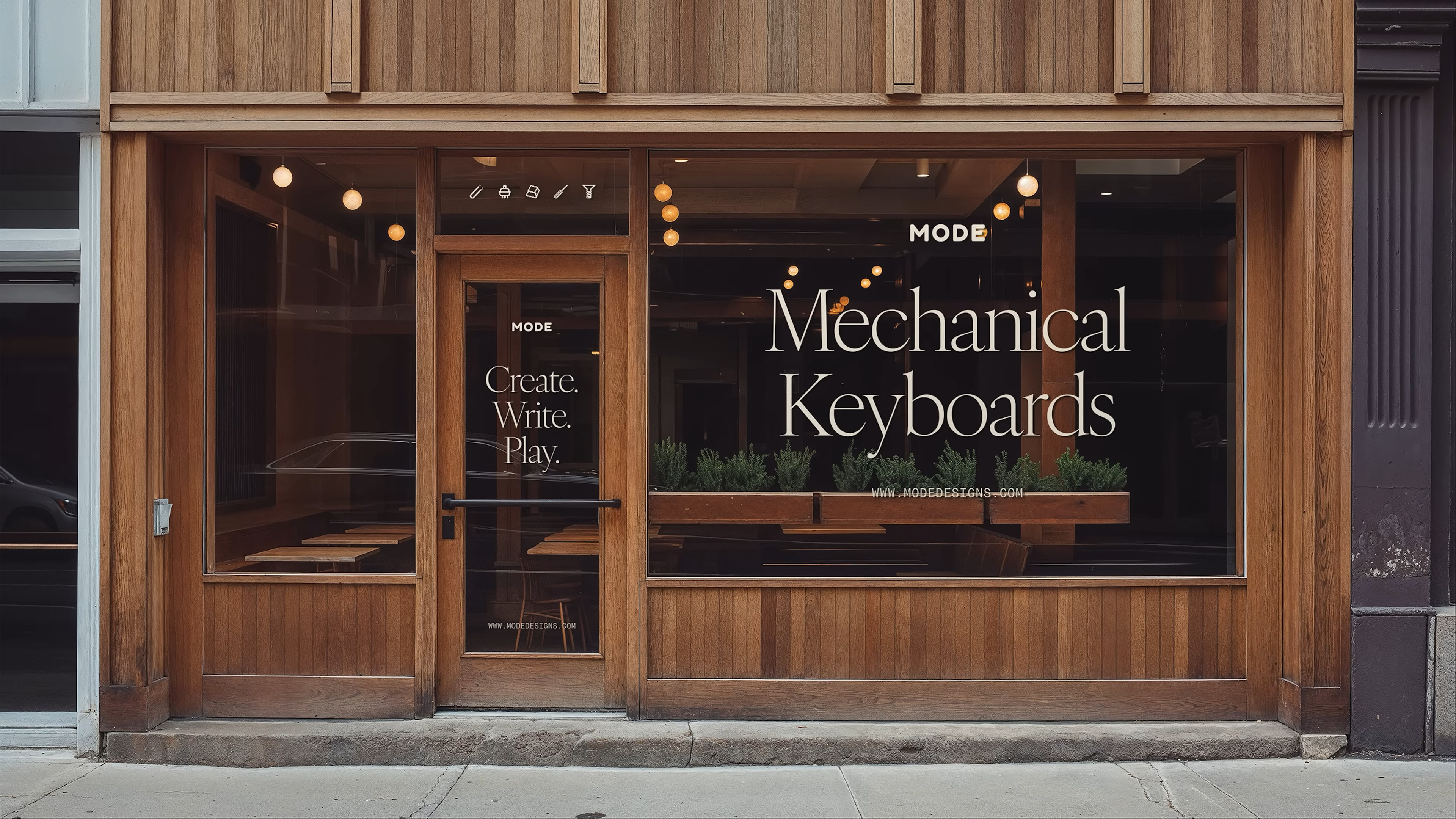 Mode’s mechanical keyboards retail storefront, with large-scale window graphics using the brand’s custom typography and icon set—demonstrating how the complete visual identity system enhances physical spaces and creates a cohesive customer experience, as shown throughout the rebrand video.