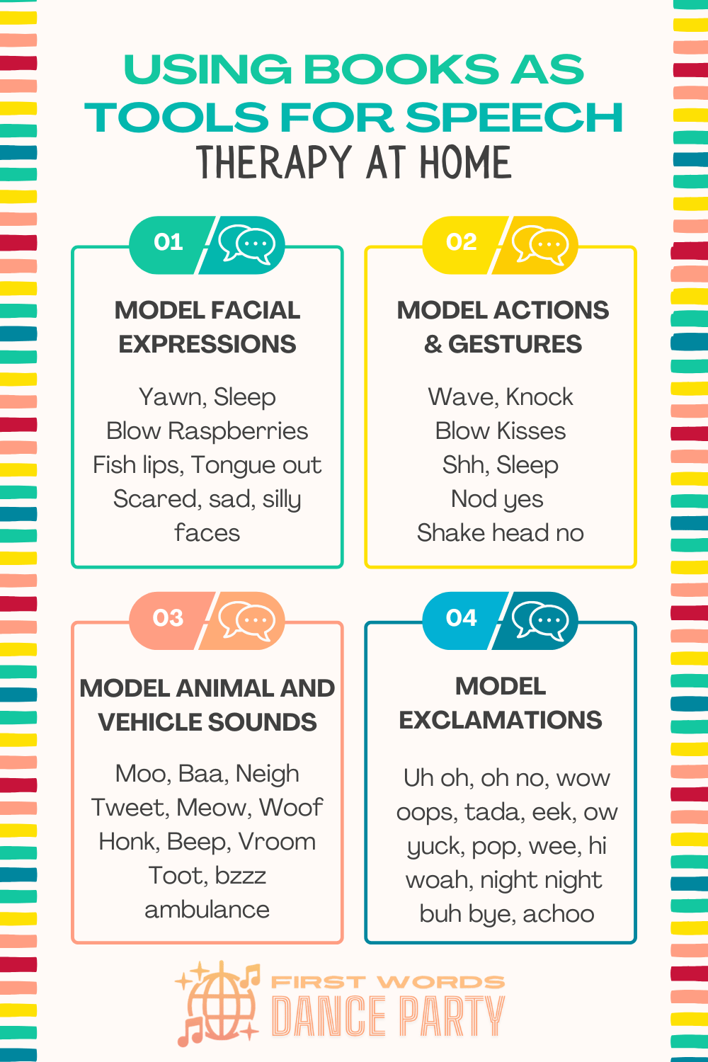 An infographic illustrating how to use books as tools for speech therapy at home.