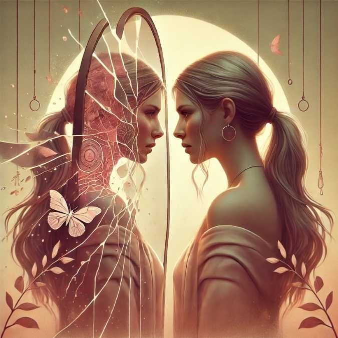femme face à son reflet fracturé, symbolisant les blessures réveillées dans une relation de flamme jumelle