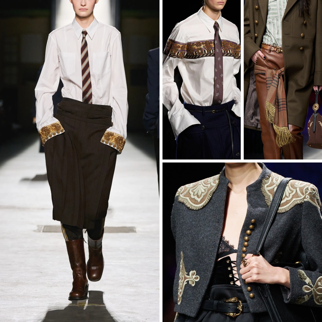 Dries Van Noten AW26 by Julian Klausner with embroidered cuffs and decorative bands on white shirting, alongside Etro AW26 by Marco De Vincenzo with military tailoring, brass buttons, embroidered shoulder details and fringed accents