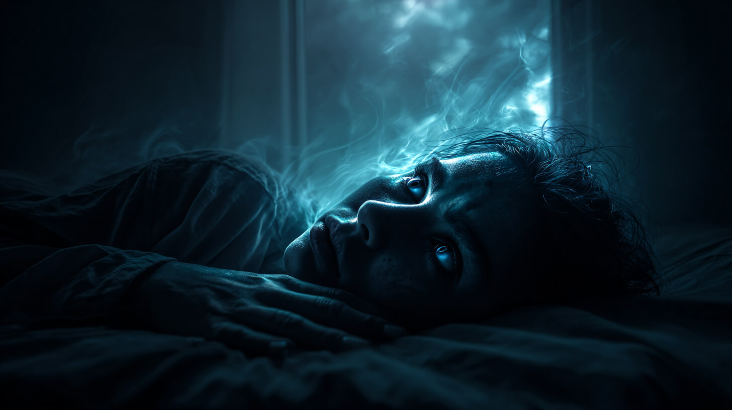 Person lying awake in bed at night, illuminated by cold blue light, eyes open and unfocused, soft mist-like energy rising from the head, dark bedroom with deep navy tones and a cinematic nocturnal atmosphere symbolizing insomnia and heightened nighttime brain activity.