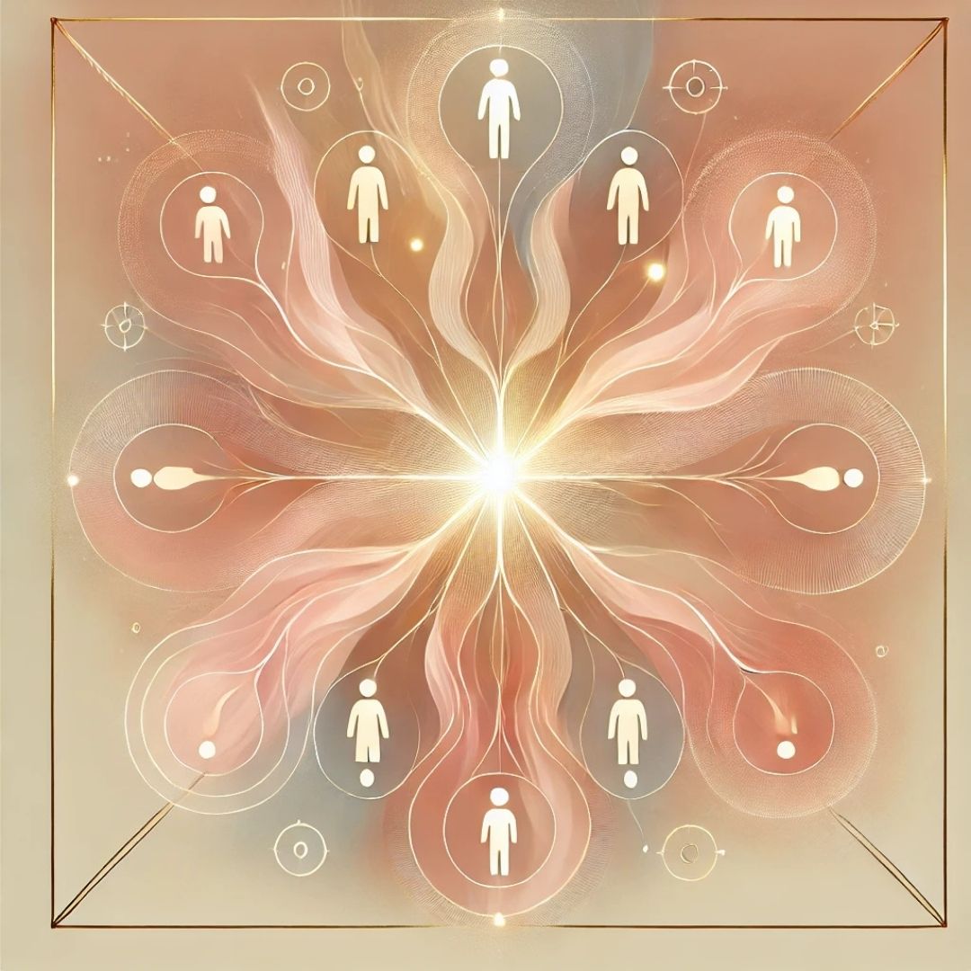 illustration abstraite représentant différentes personnes reliées par un réseau lumineux, symbolisant le public concerné par la psychogénéalogie