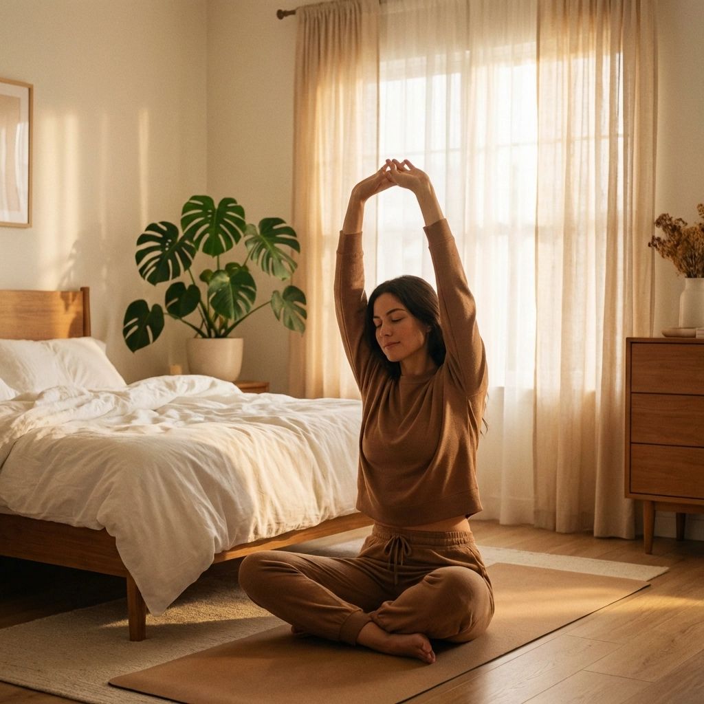 Consistent sleep routine with bedroom at dawn showing regular wake time for biological age reversal