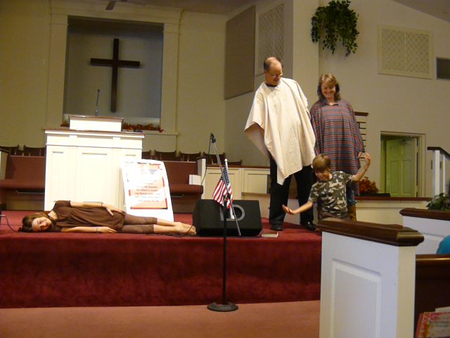 Homeschool students and parents acting out the Three Trees play - homeschooldrama.com