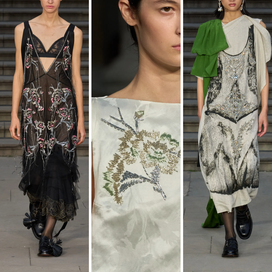 Three runway looks from Erdem’s Spring/Summer 2025 collection: sheer black tulle dress with hanging floral beadwork, close-up of subtle floral embroidery on ivory satin, and a layered black-and-white look with metallic embellishment and a green draped sleeve. These pieces reflect themes of queer identity and emotional expression.