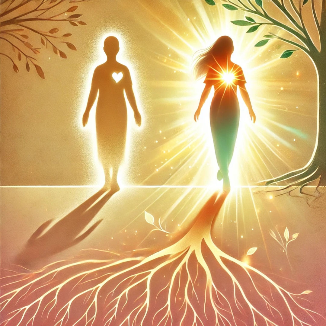 Illustration symbolique d’un enfant de remplacement se libérant de son rôle, quittant l’ombre pour entrer dans la lumière, avec un cœur lumineux et rayonnant