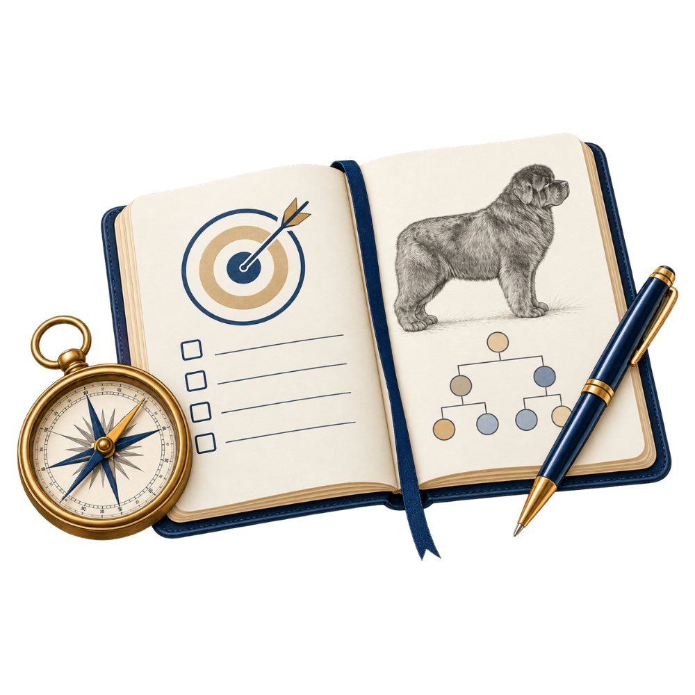 Open notebook with compass, target checklist, Newfoundland sketch, and pedigree chart illustrating breeding goals before data.