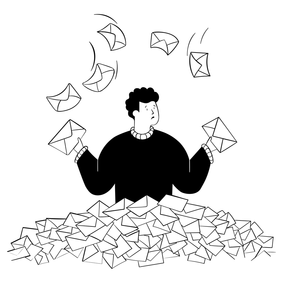 An illustration of a person drowning under many letters