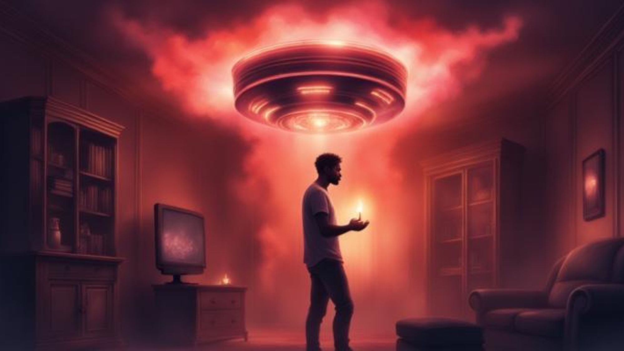 Surreal scene of a man standing alone in a dim living room, holding a small candle while a glowing, ominous disc hovers above him, filling the space with red haze—symbolizing a mind trapped in constant prediction, threat scanning, and uncontrollable overthinking.