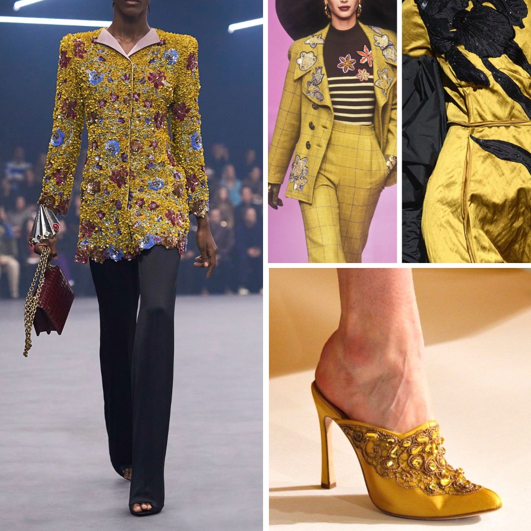 A collage highlighting embellishment on yellow garments: a heavily beaded long tunic with multicolour floral motifs, a yellow tailored suit decorated with appliqué flowers, a close-up of a yellow satin piece with black embroidered detailing, and a yellow mule featuring ornate beaded embellishment. The images show different approaches to surface design and embellishment on yellow fabrics.