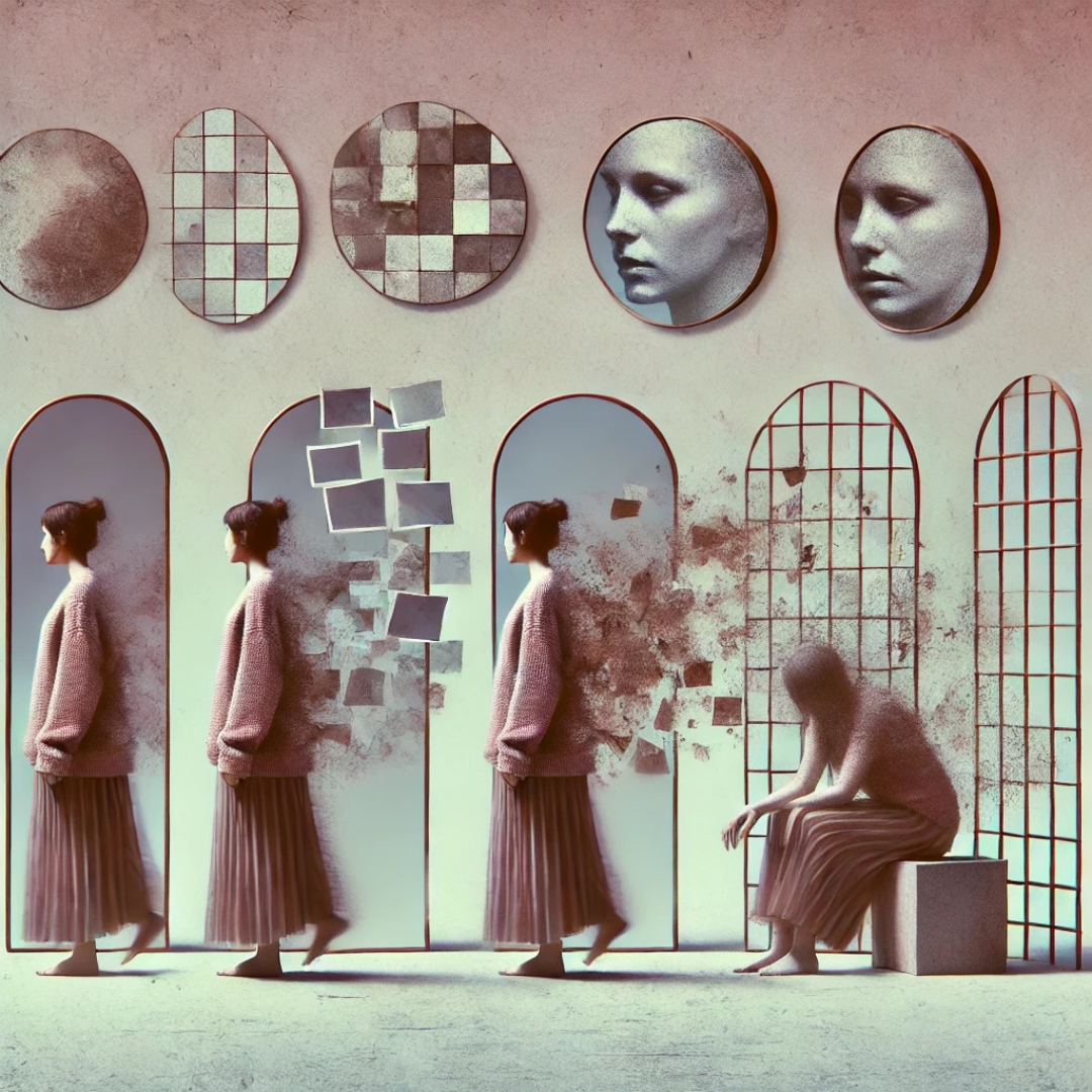 Femme entourée de miroirs déformants reflétant différentes émotions comme la tristesse, le vide et l’anxiété, symbolisant les symptômes de la dépendance affective.