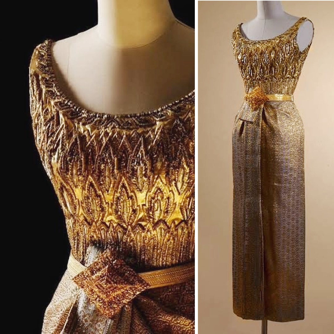 HM Queen Sirikit’s Thai Dusit formal evening dress, developed as one of the eight styles of Thai national dress, with a gold brocade skirt and richly embroidered bodice.
