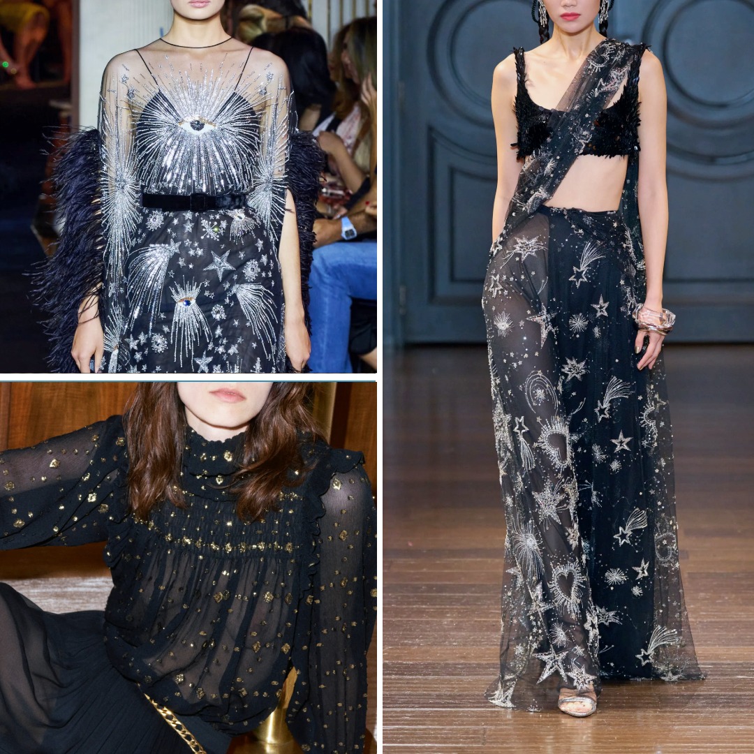 Collage of celestial-inspired embellishments in fashion: a Saint Laurent Resort 2025 blouse with gold star embroidery, a Zuhair Murad Fall 2022 couture gown with silver shooting stars and cosmic motifs, and a Naeem Khan Spring 2024 sheer dress embroidered with constellations and moons.