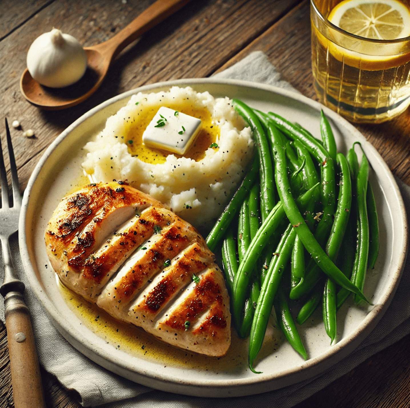Poulet grillé, purée de pommes de terre, haricots verts sans fodmap
