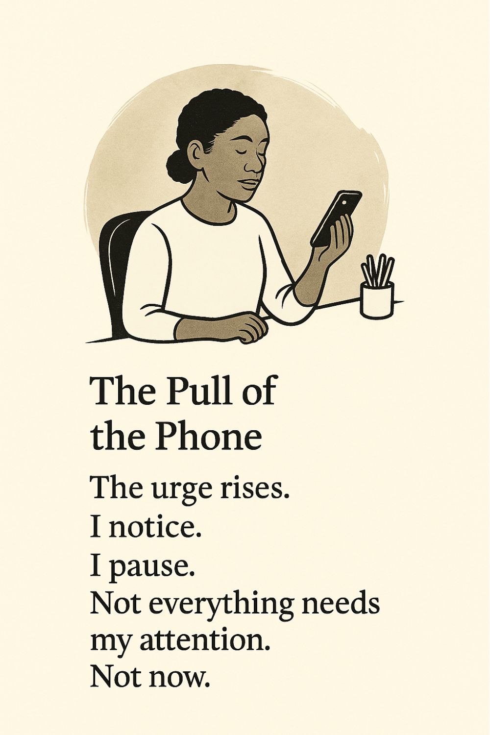 Illustrated Gatha titled “The Pull of the Phone.” A person sits at their desk, reaching toward a glowing phone. Text on the page reads: “The urge rises. I notice. I pause. Not everything needs my attention. Not now.”