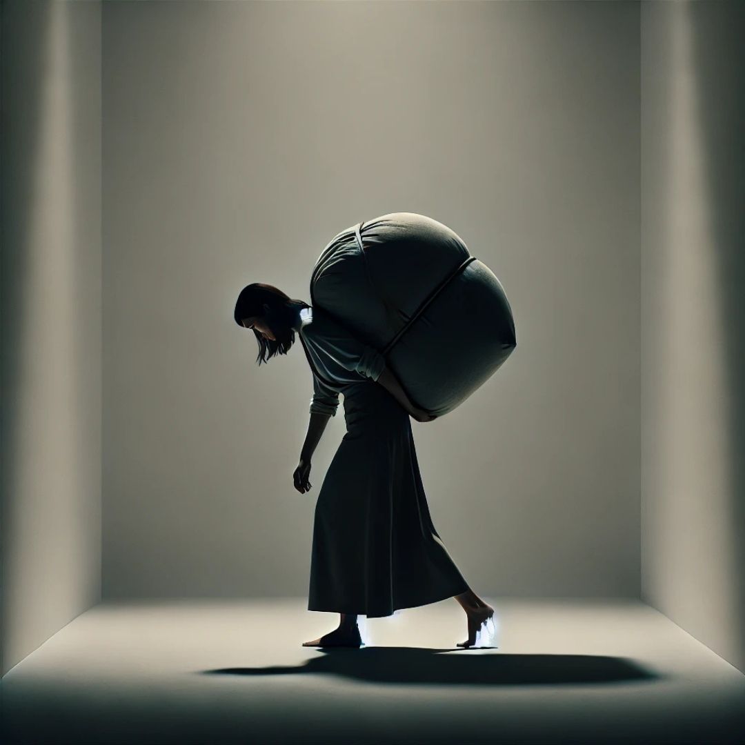 Femme marchant courbée avec un poids symbolique sur le dos, illustrant le masque du masochiste lié à la blessure d’humiliation