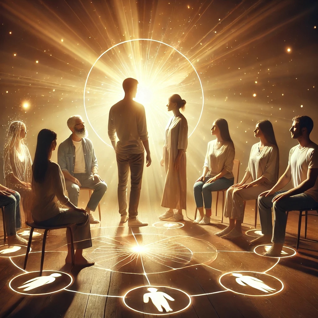 Séance de constellations familiales en groupe : un thérapeute guide un participant dans la mise en lumière des schémas inconscients et la guérison transgénérationnelle