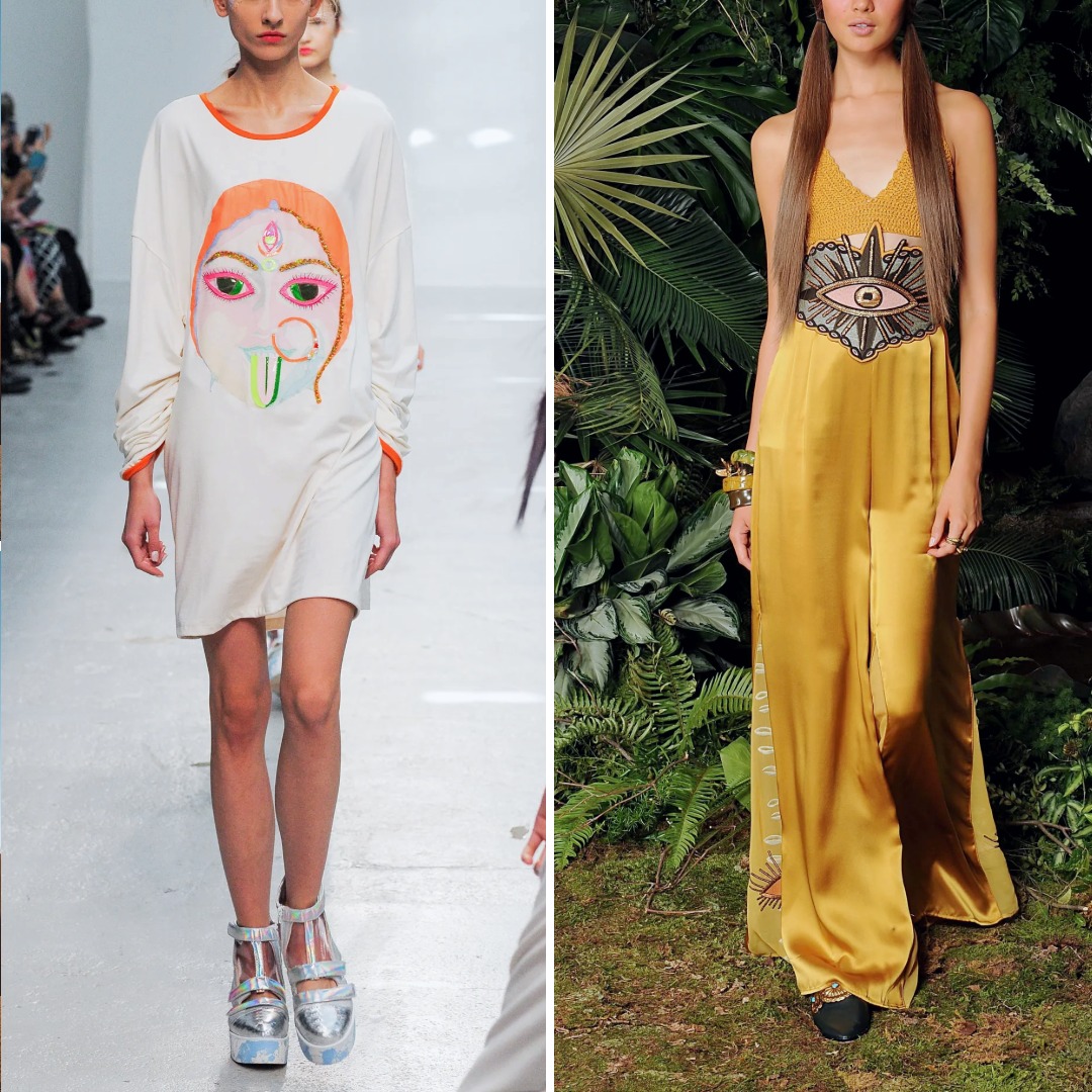 Collage showing eye and protective emblem motifs in boho fashion: Manish Arora Spring 2013 dress with goddess face embroidery, and Scotch & Soda Spring 2017 golden jumpsuit with large embroidered eye at the waist