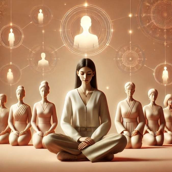 Femme assise en posture méditative entourée de silhouettes féminines symbolisant la lignée et la vocation de thérapeute transgénérationnelle