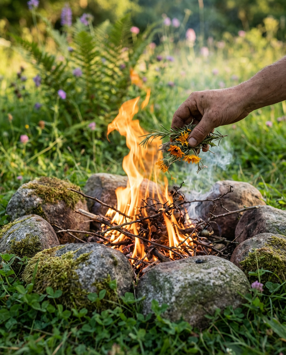 A close-up of a hand placing a bundle of dried rosemary and orange calendula flowers into a small, sacred stone fire pit in a lush green meadow for a Beltane purification ritual.