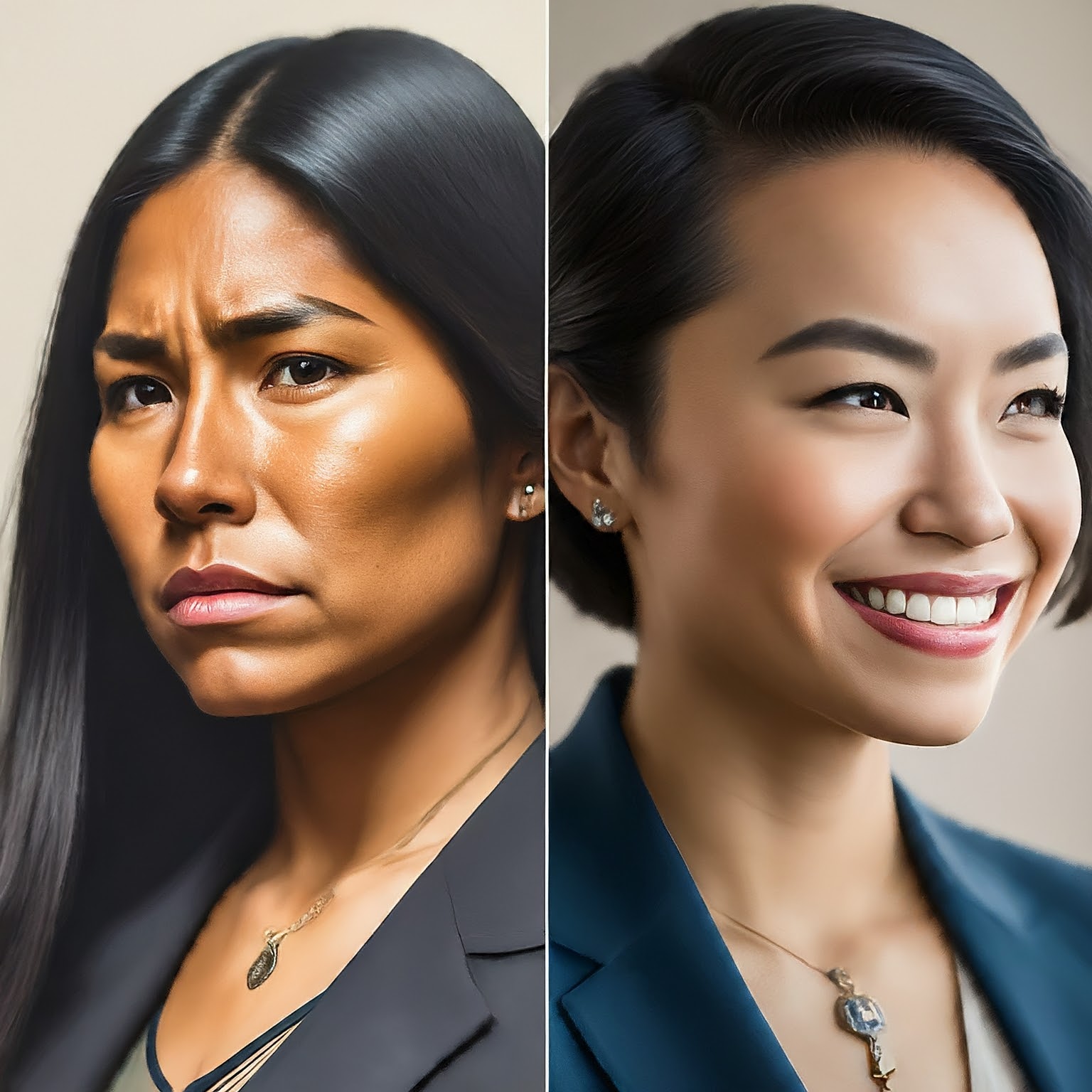 Two women one happy and one sad.