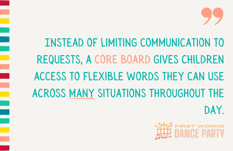 A quote about the different kinds of communicative functions that core board communication supports.
