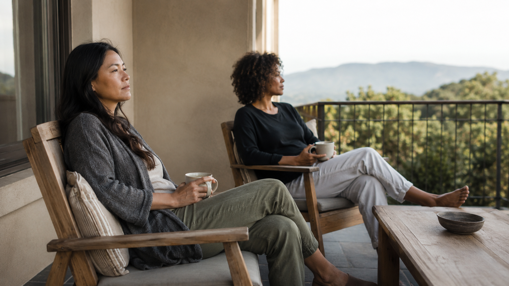 Two women sitting alone on a sunlit terrace with coffee during unscheduled free time on a small group trip.