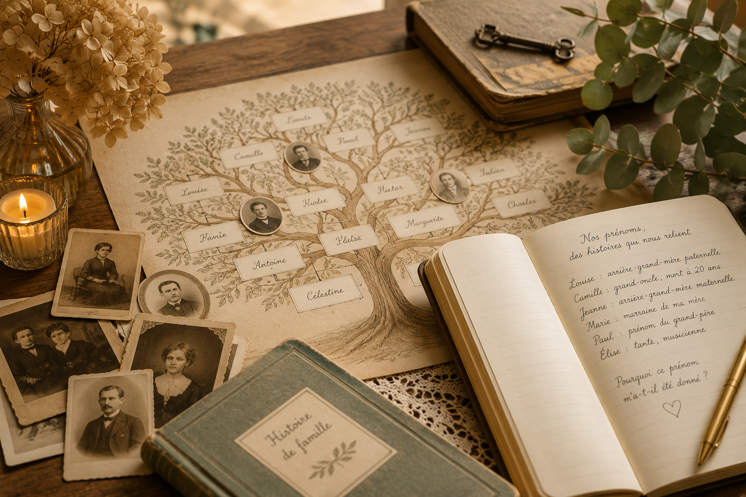 arbre familial avec carnets et portraits anciens pour observer les différents cas de prénoms en transgénérationnel